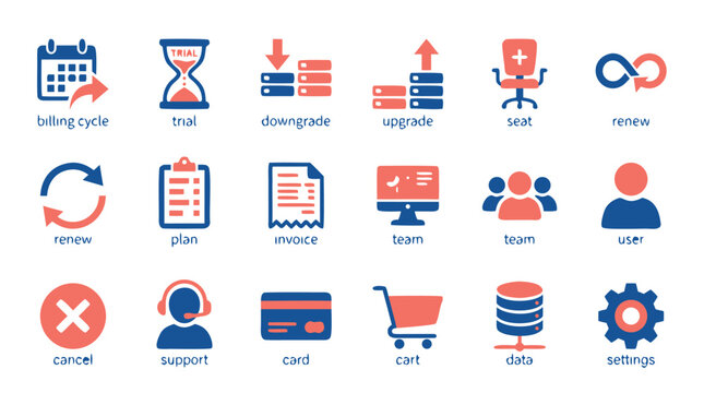 16 modern duotone UI UX icons for subscription management featuring billing cycle, trial periods, plan downgrade, upgrade options, seat allocation, and account renewal for SaaS dashboard apps.
