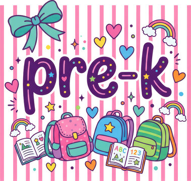 Bright pre-k design with backpack, books and playful rainbow accents. Ideal for preschool banners, classroom decor, early education campaigns.