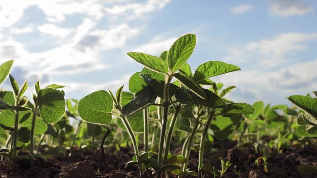 Growing Soybean Plants Under Blue Sky and Bright Clouds in the Field During the Day