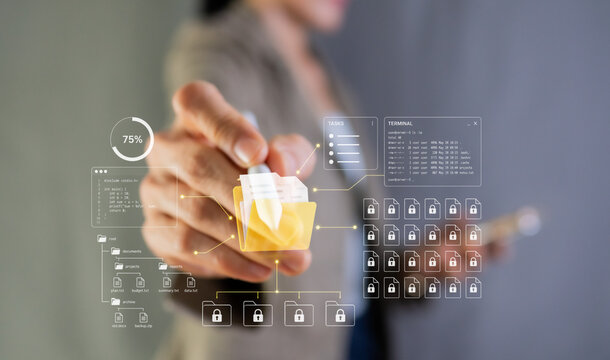 Businesswoman managing digital document management system DMS, cloud storage security, online database