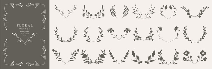 Set of floral frame elements. Elegant botanical wreaths, corners, borders with hand drawn silhouettes of flowers, branches and leaves.  Vector illustration for wedding invitation, greeting card, label © Victory