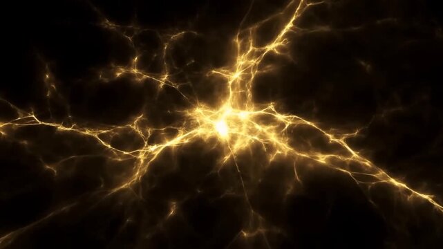 Zoom in tracking shot of glowing neural network expanding and pulsing toward center in dark abstract space with golden filaments and luminous branching pathways