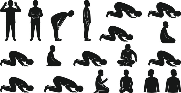 Collection of various muslim prayer positions in black silhouette