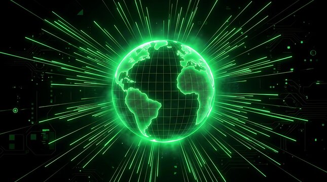 Digital earth globe with green data streams and futuristic cybernetic network connectivity, internet