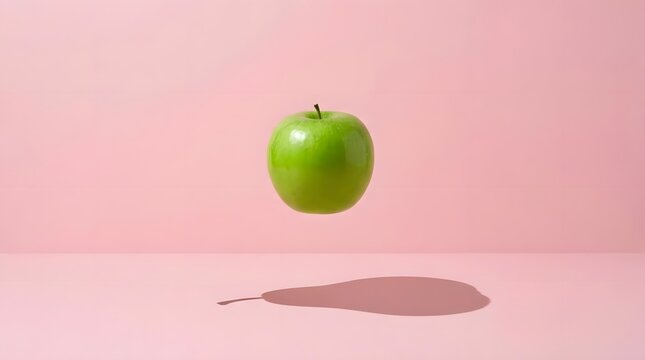 A vibrant green apple hovers gracefully above a soft pink surface, casting a distinct pear-shaped shadow below.