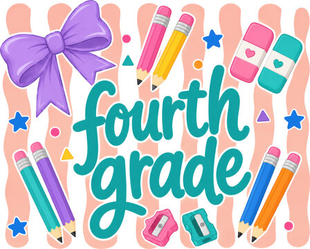 Colorful fourth grade typography with pencils, erasers, bow, and playful school doodles on pastel background. Ideal for classroom decor, education banners, and back-to-school promotions.