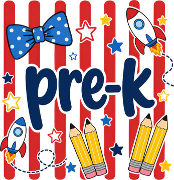 Colorful pre-k typography with rockets, pencils, stars, and playful learning doodles on striped background. Ideal for classroom decor, preschool banners, and early education promotions.