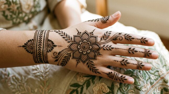 Intricate henna tattoo design on woman's hand for special occasions