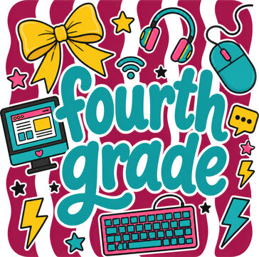Colorful fourth grade typography with computer, keyboard, headphones, mouse, and tech-themed doodles. Ideal for classroom decor, STEM banners, and back-to-school promotions.