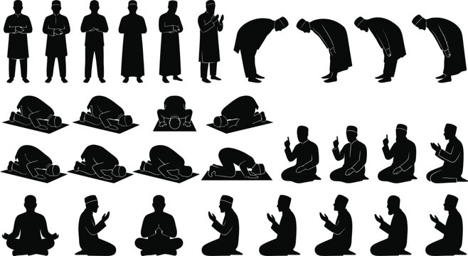 Vector set of muslim men in various prayer positions