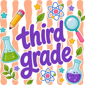 Colorful third grade typography with science flasks, atoms, magnifying glass, and nature accents. Ideal for classroom decor, STEM banners, and back-to-school promotions.