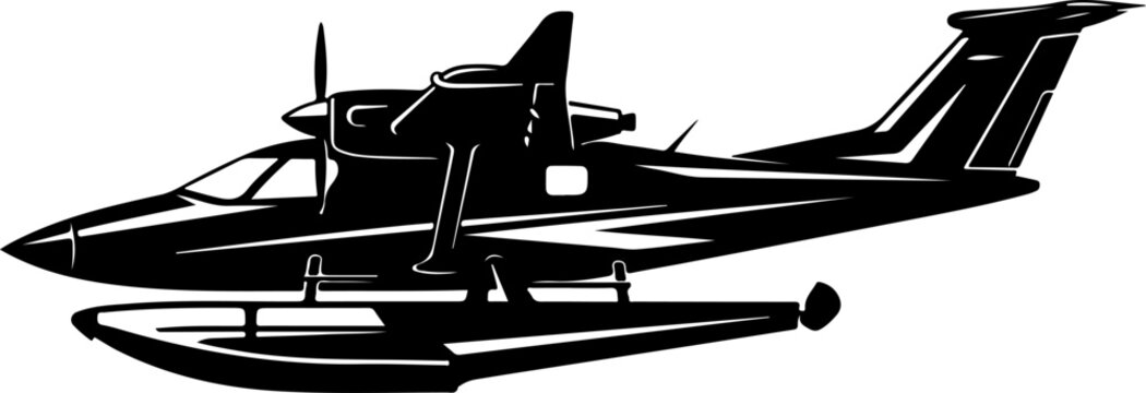 Amphibious aircraft, seaplane, floatplane, black silhouette, vector illustration, aviation icon
