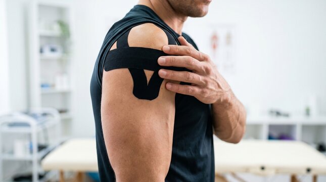 Close-up of a man with black kinesiology tape on his shoulder for muscle recovery and pain relief in a physiotherapy clinic