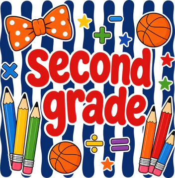 Colorful second grade typography with pencils, basketballs, math symbols, and playful doodles. Ideal for classroom decor, education banners, and back-to-school promotions.