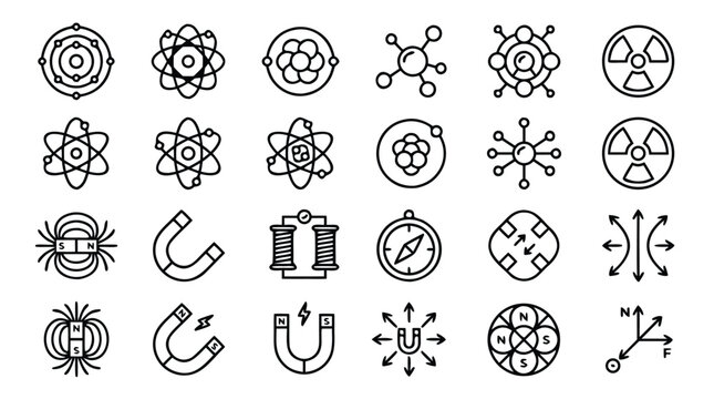 Minimalistic line icon set of physics and science symbols featuring atoms, magnets, energy waves, and laboratory equipment on a clean white background for educational and technical use.