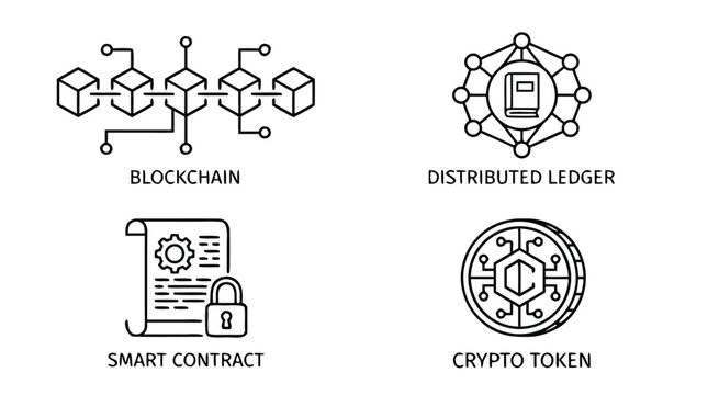 Modern Line Art Vector Icons of Blockchain Technology Illustrating Distributed Ledger Concepts, Smart Contract Agreements, Cryptocurrency Tokens, Data Security, and Peer to Peer Networking.