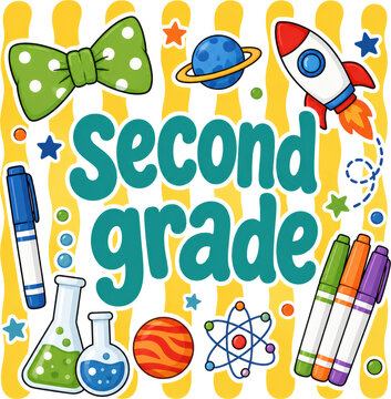 Colorful second grade typography with school supplies, science icons, and playful doodles on white. Ideal for classroom decor, education banners, and back-to-school promotions.