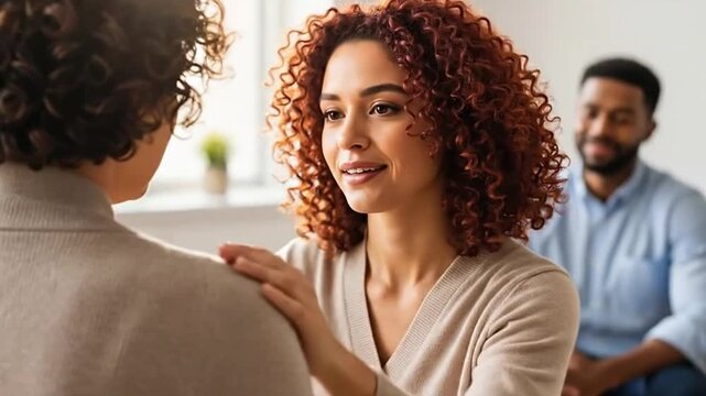 A woman comforts another person with a gentle touch, representing empathy, support, therapy, human connection, compassion, counseling, friendship, and understanding
