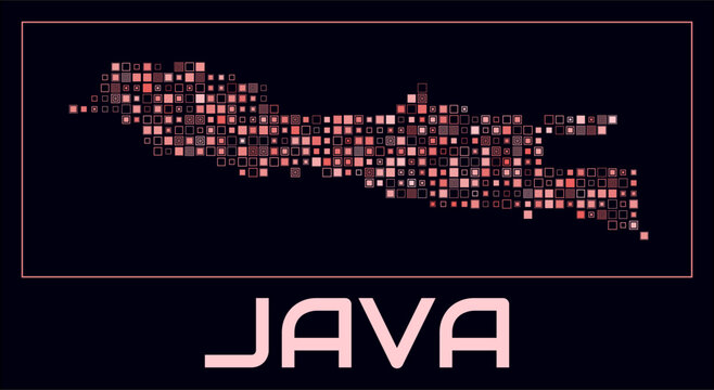 Java digital style map. Small square dots on dark background. Dotted shape of the island. Java map and title. Creative vector illustration.