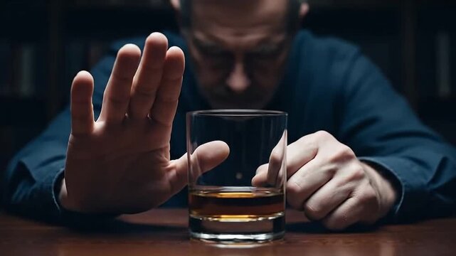 Middle-aged man refusing a glass of amber alcohol with a hand gesture, representing sobriety, willpower, struggle, recovery, abstinence, temptation, and addiction