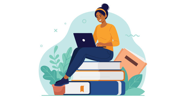young woman studying online with laptop and books vector illustration for education learning and remote study concept