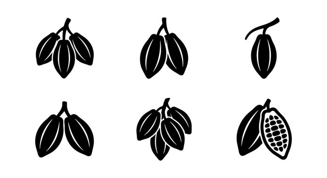 Cocoa Pod Icons, Cacao Fruit Vector Graphics, Chocolate Ingredient Symbols, Dark Food Elements, Organic Bean Illustrations