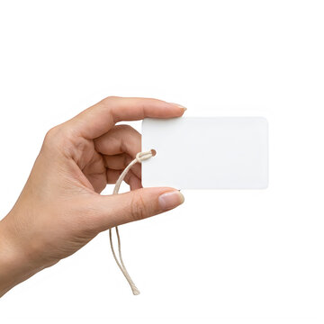 A hand holding a small blank white paper price tag with a brown string for retail sales and marketing isolated on transparent background