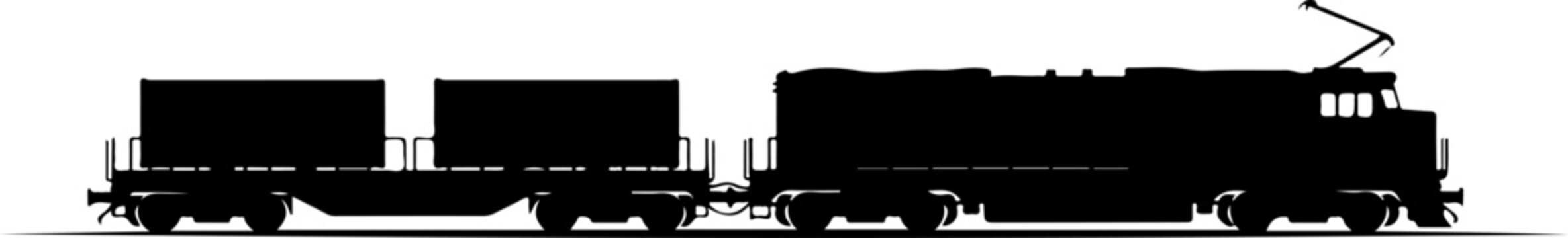 Black train, locomotive, freight train, silhouette, vector graphics