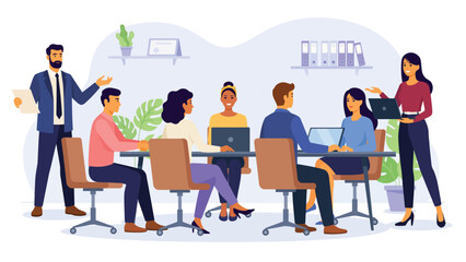 diverse business team meeting in modern office vector illustration with collaboration brainstorming and workplace discussion © Mushtaq