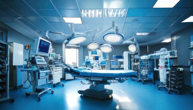 Brightly lit operating room with advanced medical equipment.