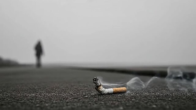 Burning cigarette on asphalt with a blurred figure walking away in fog, symbolizing loneliness, addiction, endings, abandonment, melancholy, and lost connection