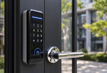 Naklejka premium Modern smart door lock on glass door with digital keypad, showcasing secure, stylish, high-tech home security system in luxury contemporary architectural environment with daylight.