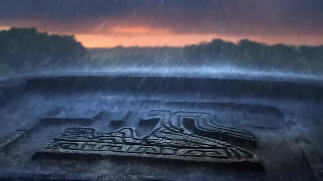 Tracking slow motion pan of car emblem on hood being drenched by heavy rain on roadside at dusk with treeline horizon