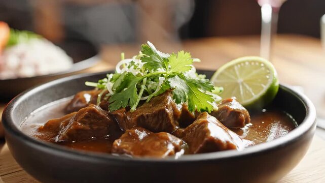 Close-up of a black bowl containing tender chunks of braised beef in a rich brown gravy sauce, garnished with fresh cilantro, sliced onions, and a lime wedge on a wooden table surface.