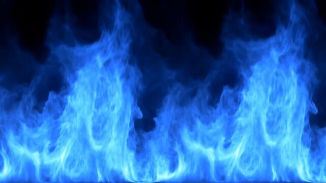 Dynamic blue flames rising and dancing in dark background
