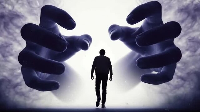 Man walks toward bright light between giant dark ghostly hands, representing fear, pressure, anxiety, mental struggle, obstacles, subconscious, and overwhelming burden