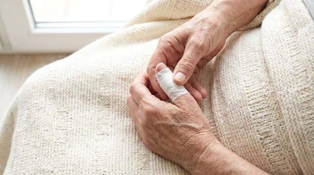 Senior person with bandaged thumb resting hands on a knitted blanket