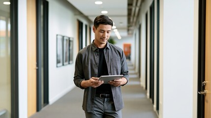 Fototapeta premium Business professional using tablet in modern office hallway corporate environment engaged perspective