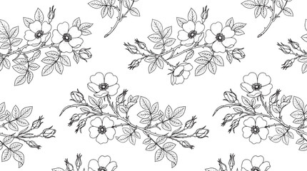 Fototapeta premium Wild rose hip branch seamless pattern botanical line art vector