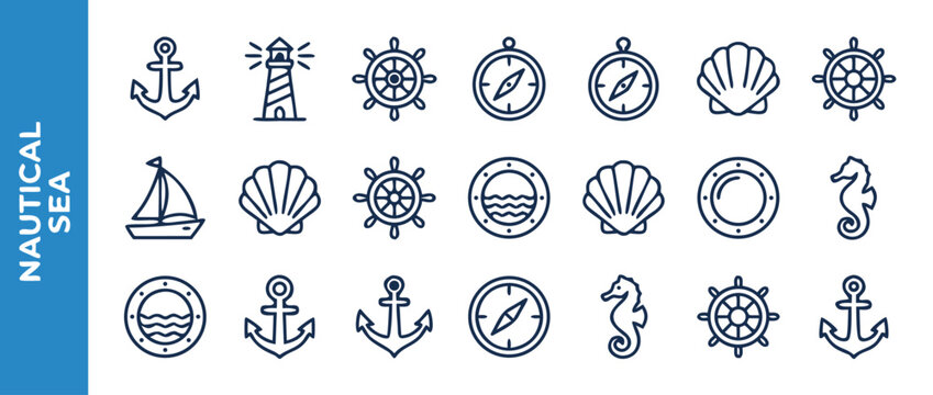 Nautical Sea Icon Set with Anchor, Lighthouse, Ship Wheel, Compass, Seashell, Sailboat, Porthole, and Seahorse. Minimalist Blue Line Art Vector Illustration for Marine and Ocean Graphic Design.