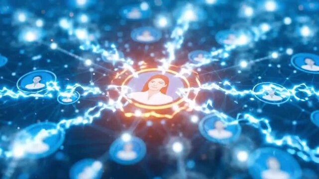 Central female node connects via electrical pulses to surrounding individuals in a digital network, symbolizing connectivity, communication, influence, and interaction