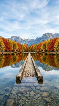 Autumn lake scene with stone bridge and mountain range