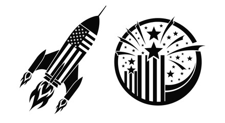 Fototapeta premium Rocket Ship And Starburst Silhouette With American Flag Pattern On White Background