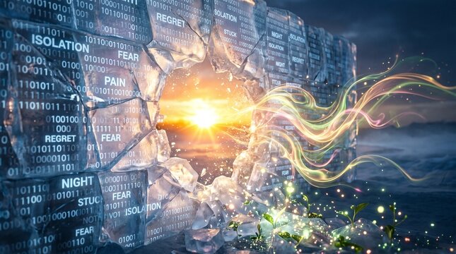 Digital wall inscribed with negative emotions shatters to reveal a bright sunrise and flowing light.