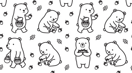 Cute bear basket acorn seamless pattern line art vector © Vistara Studio