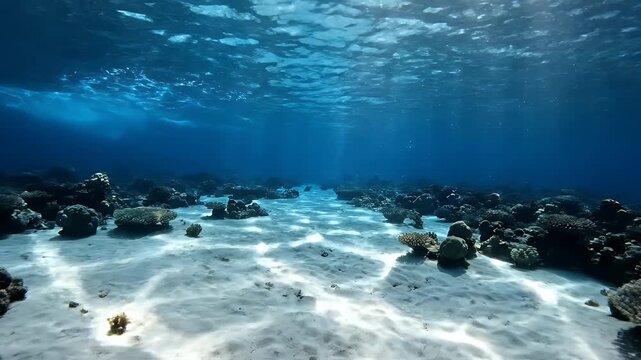 Sunlight pierces the clear blue ocean depths, illuminating a coral reef teeming with life.