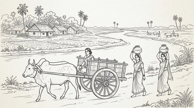 Traditional rural scene with ox cart and people carrying water pots