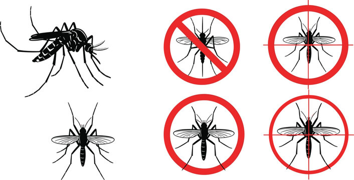 Mosquito vector illustration set with pest control motifs, prevention icons, prohibition silhouettes, health design figures and elimination art -flat vector illustration