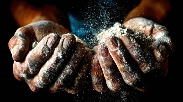 Rough hands tightly hold a collection of pale powder material against a dark backdrop