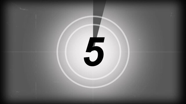 Vintage old projected film head leader with real time 9-0 countdown clock, worn damaged style with scratches marks and grain for classic movie opening visuals